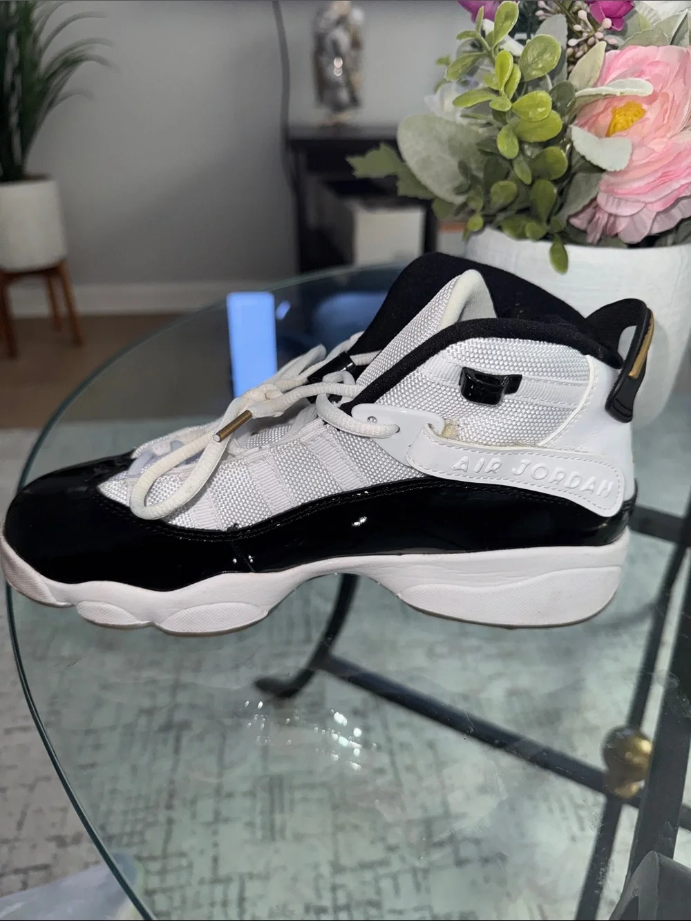 Jordan Youth White, Black & Gold Retro Sneakers - Picture 5 of 9